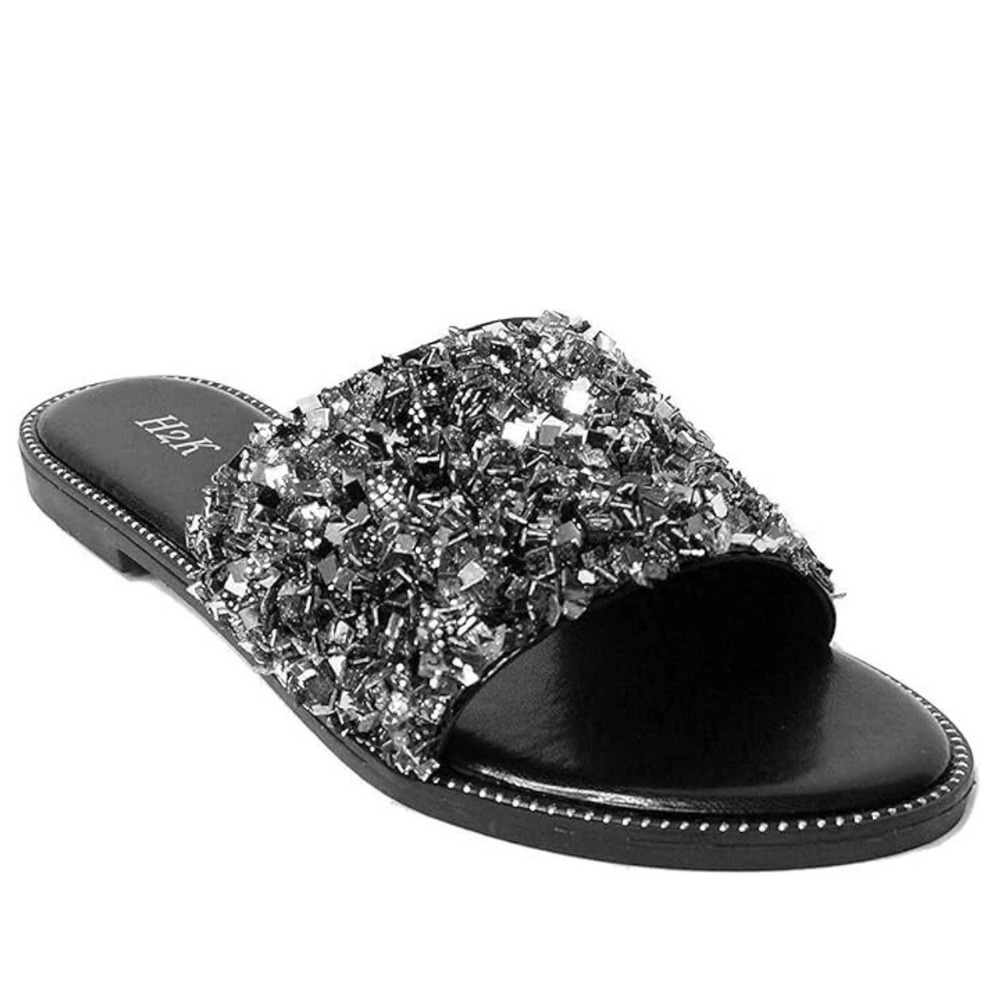 H2K Black Glitter Slide Sandal Shoe Women's Flat Bling Dream 10 Silver Sequined‎